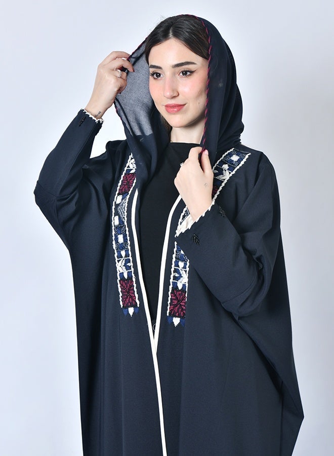 HAWRAA ABAYA Navy wrap abaya, half-bisht style, with hand embroidery and beadwork along both sides of the abaya - Image 1